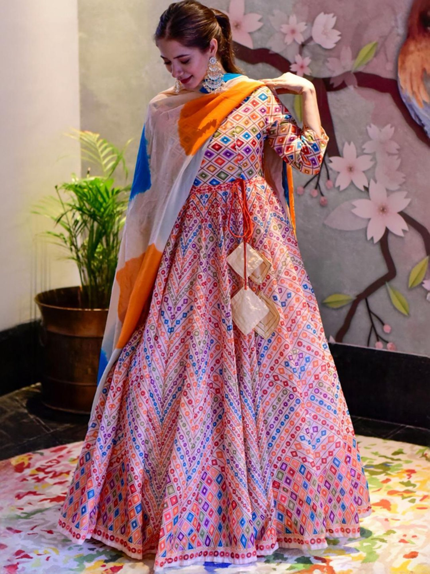 Odette Beige Printed Maxi Dress With Dupatta