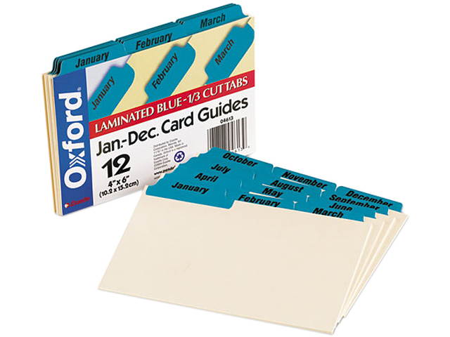 Oxford 04613 Laminated Index Card Guides, Monthly, 1/3 Tab, Manila, 4 x 6, 12/Set