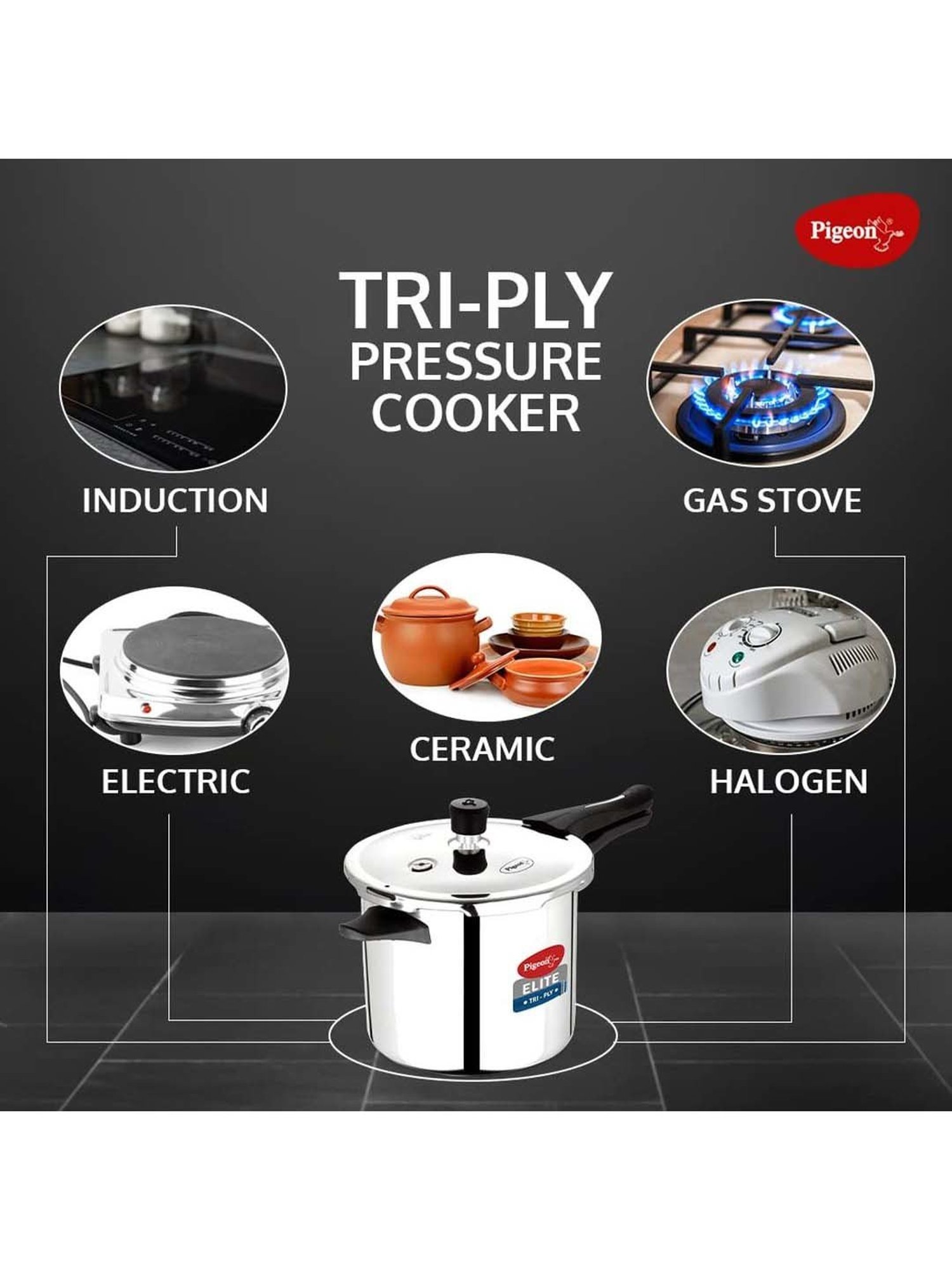 Pigeon Silver Stainless Steel Induction Elite Shine Triply Pressure Cooker (3 L)