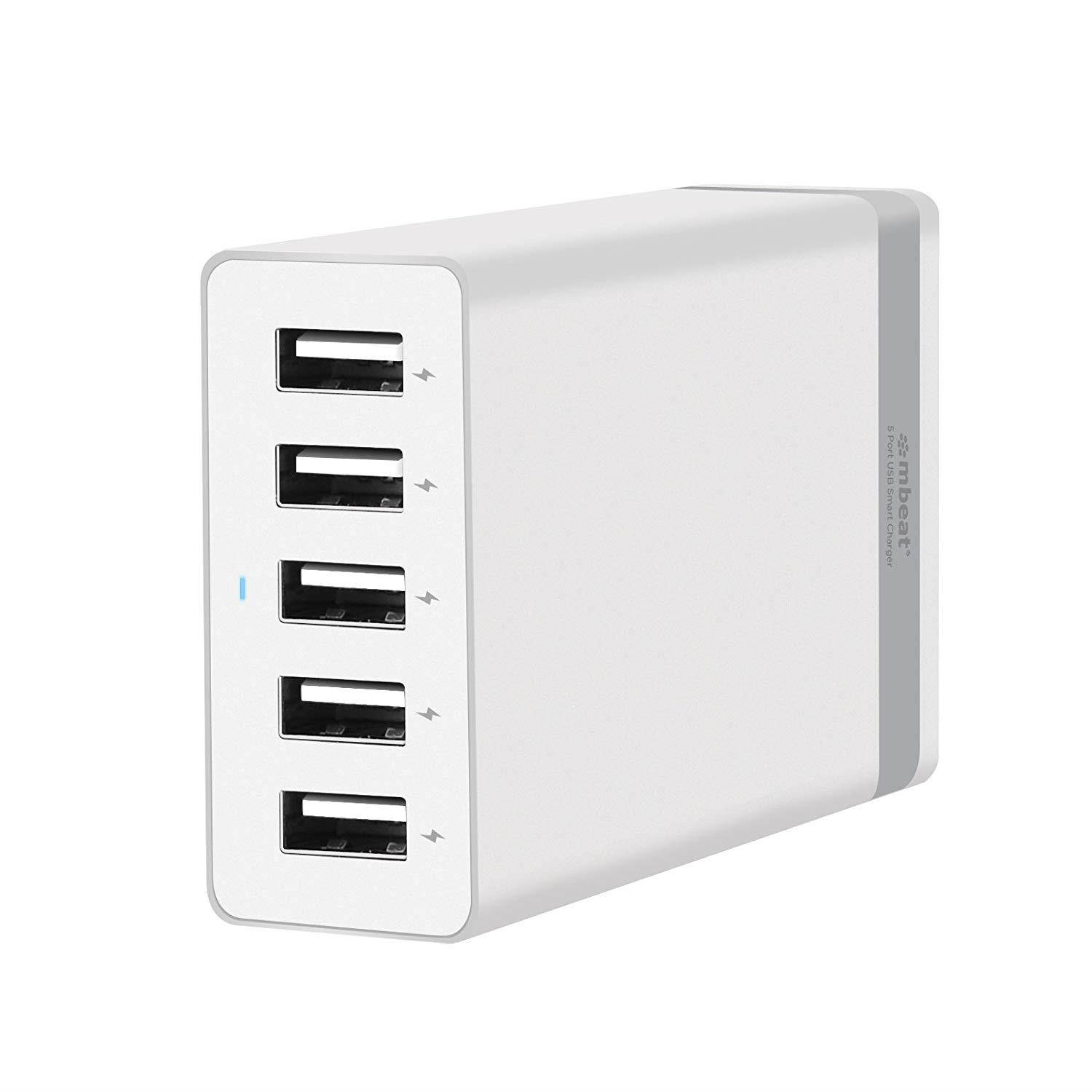 mbeat QUINTARY 40W 5-Port USB Charger with Smart charging function for iPhone, Android Phone and Tablets (White)