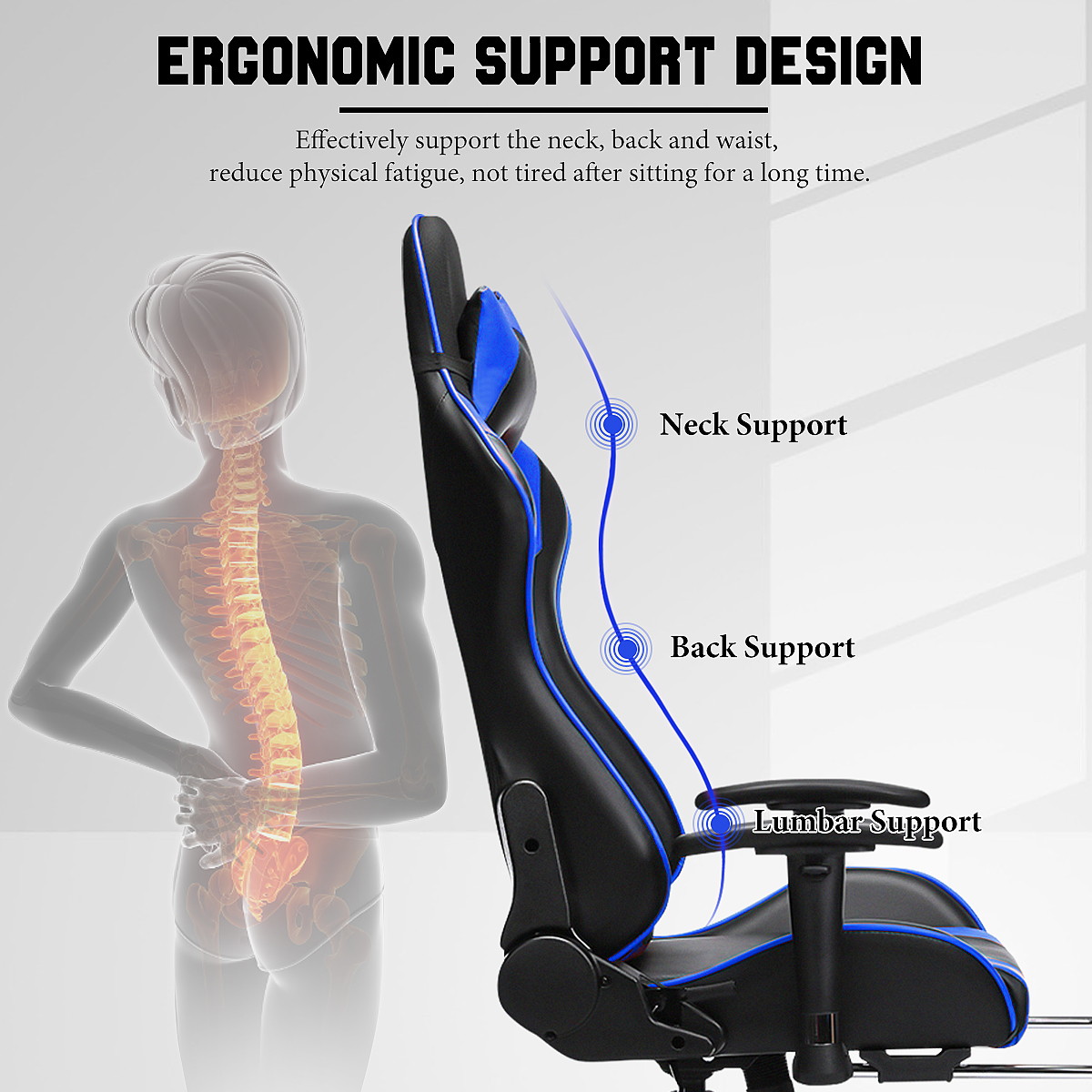 Executive Office Gaming Chair Racing Rocker Ergonomic 180&deg; Lying Recliner Footrest High Back with Neck&Waist Cushion