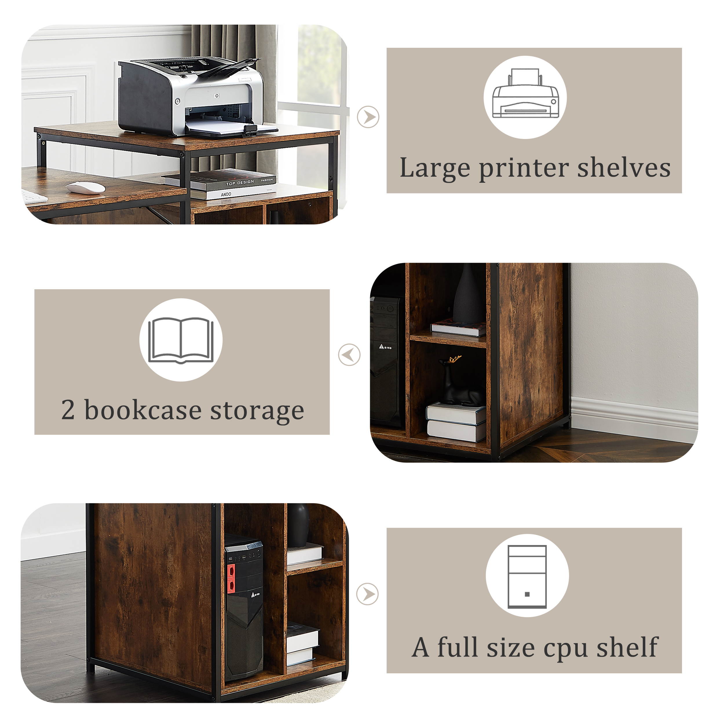 Home Office Computer Desk Writing PC Table Gaming Desk with Storage Shelf CPU storage space and Printer Stand Space Saving Design