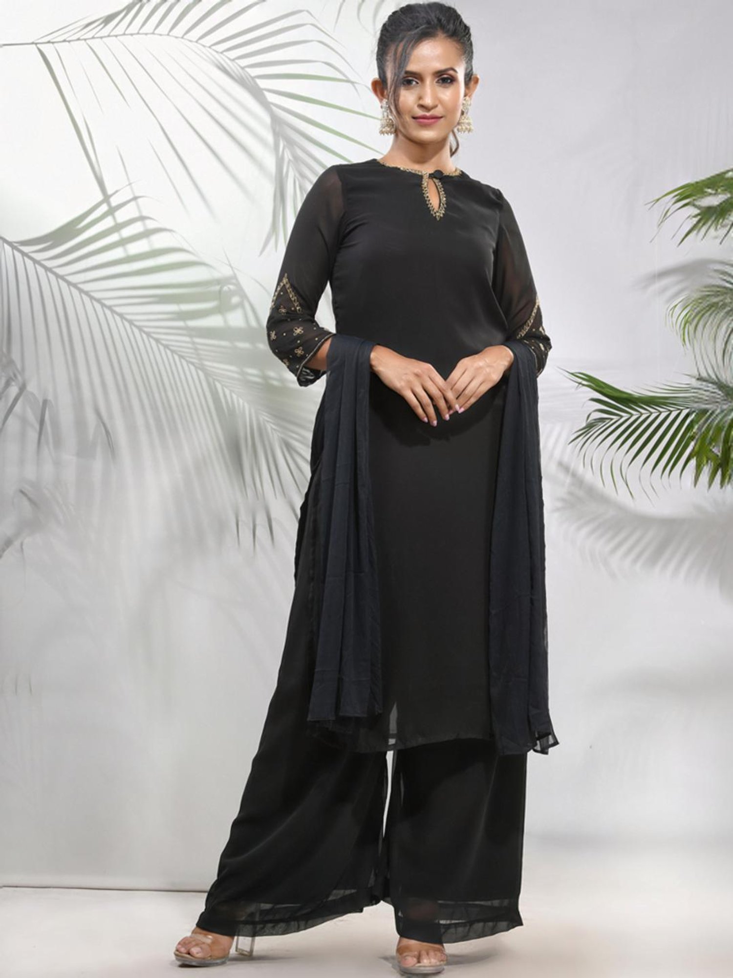 Charukriti Black Regular Fit Kurta Palazzo Set With Dupatta