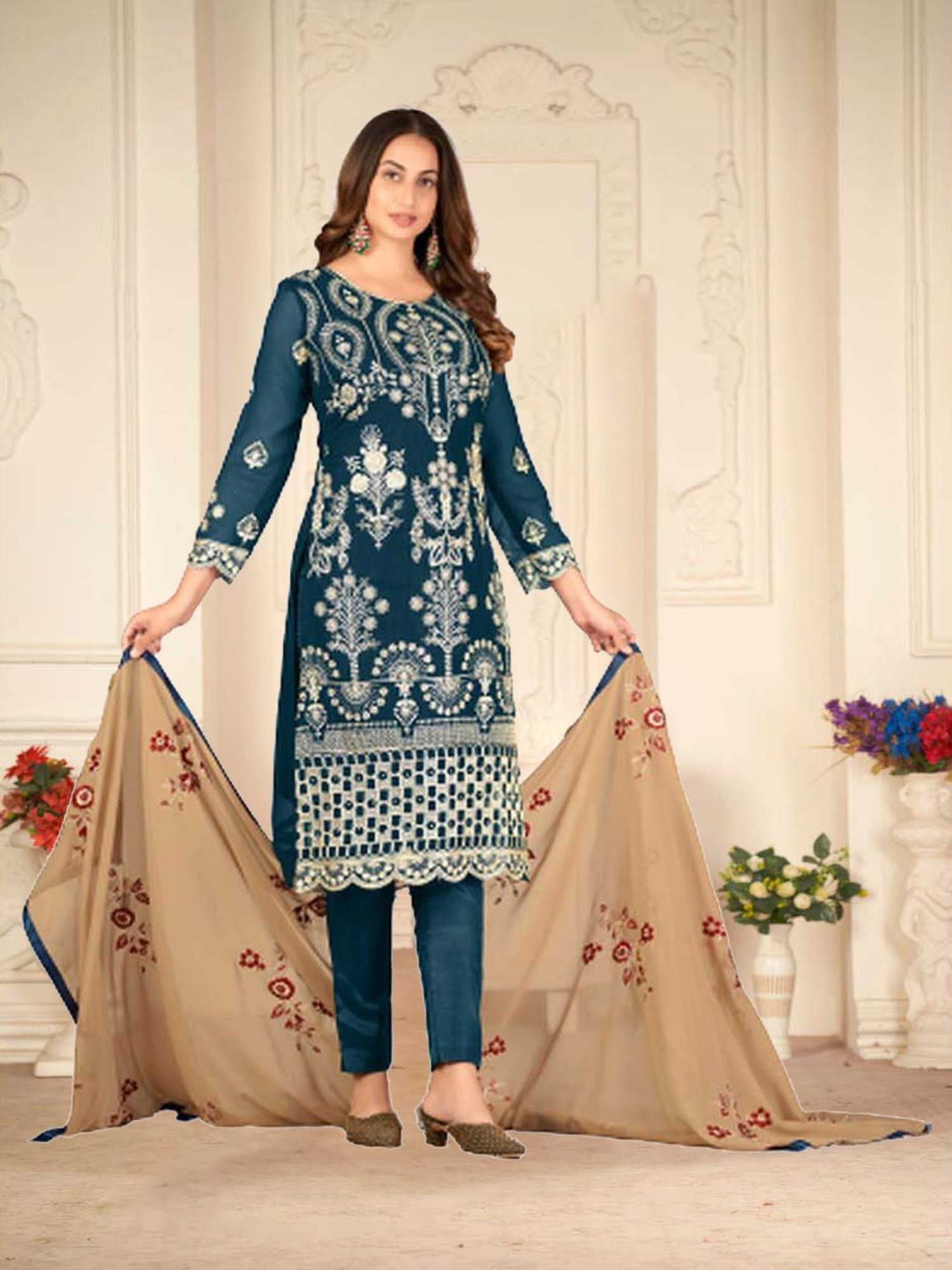 Warthy Ent Blue Embroidered Semi Stitched Dress Material