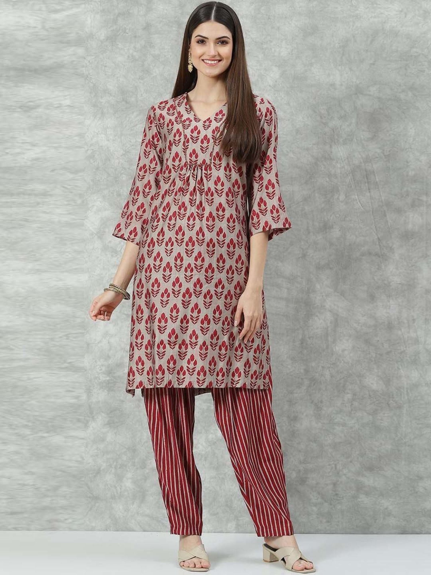 Biba Grey & Maroon Printed Kurti Pant Set