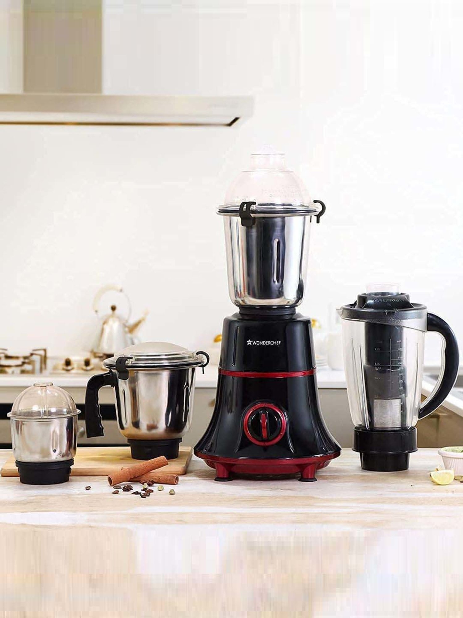 Wonderchef Glory 750W  Mixer Grinder with 4 Stainless Steel Jars & 5 Years Warranty (Black & Red)