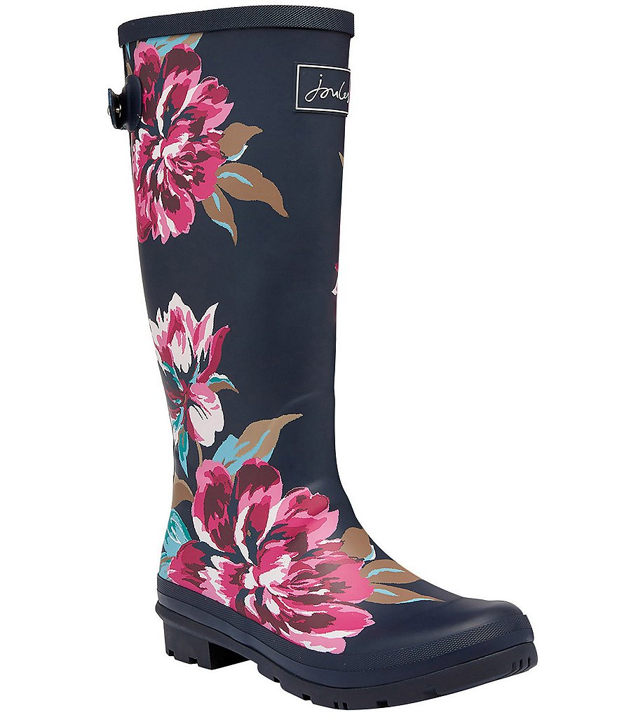 Joules Welly Print Floral Print Tall Block Heel Rain Boots