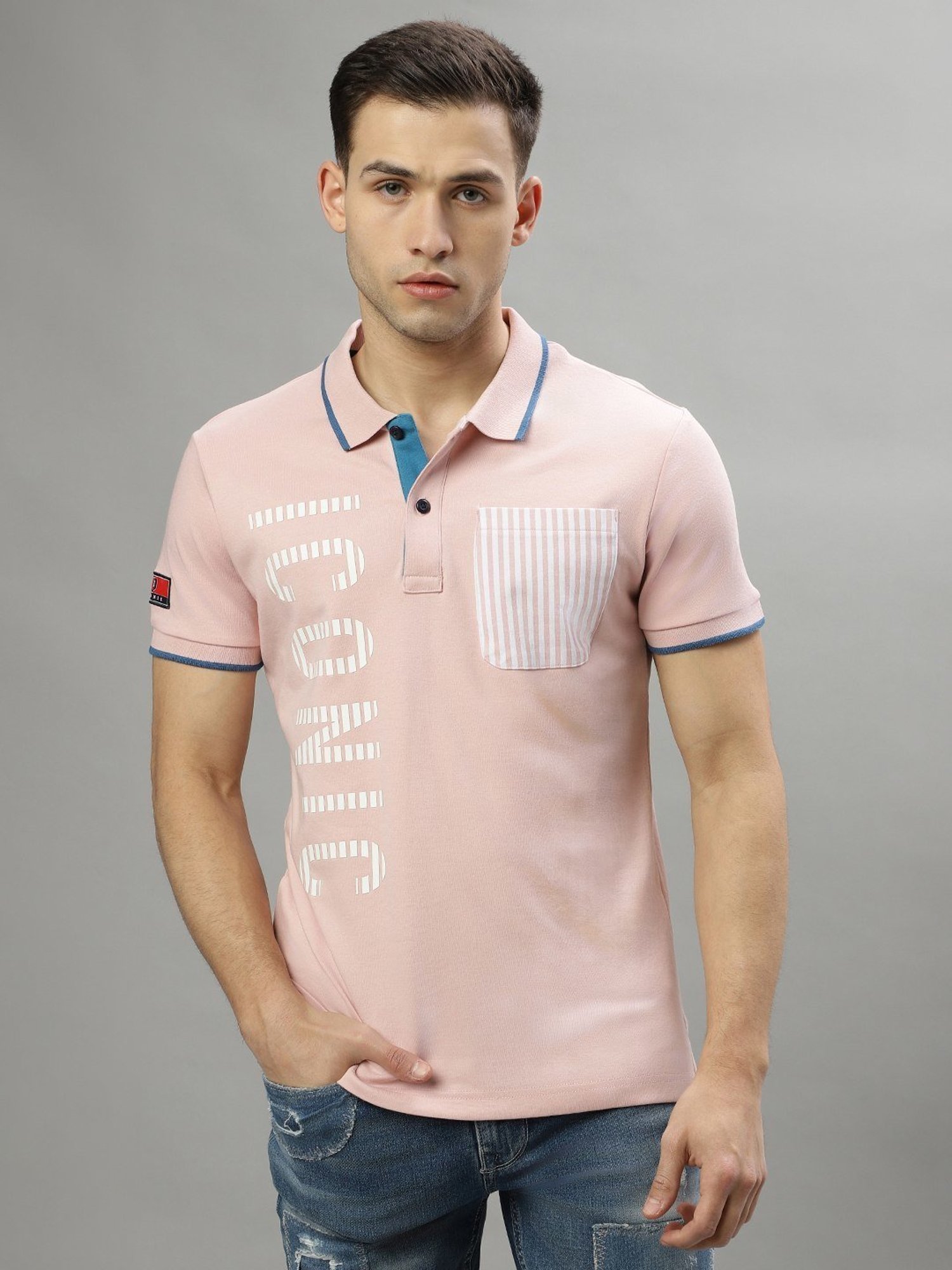 Iconic Pink Cotton Regular Fit Printed Polo T-Shirt