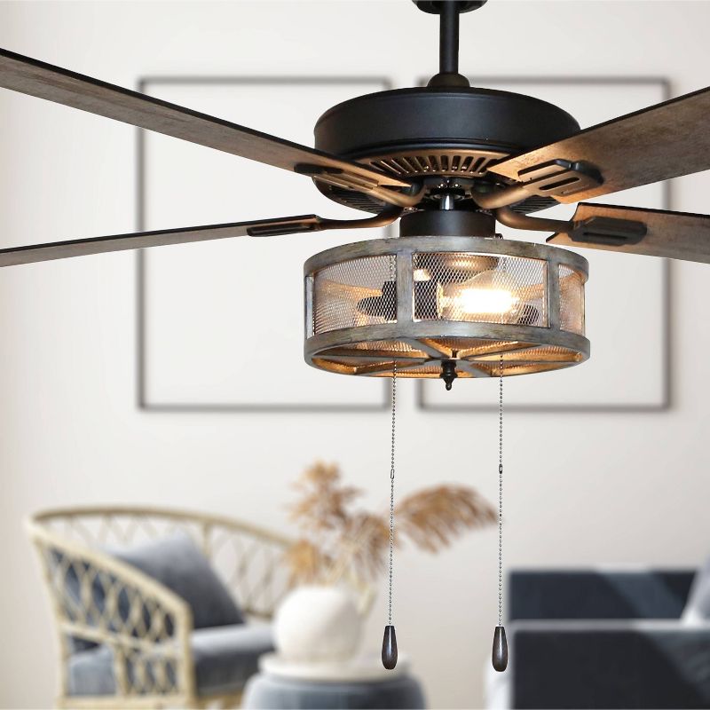 52" LED 5-Blade Dixsie Woodgrain Caged Farmhouse Lighted Ceiling Fan - River of Goods