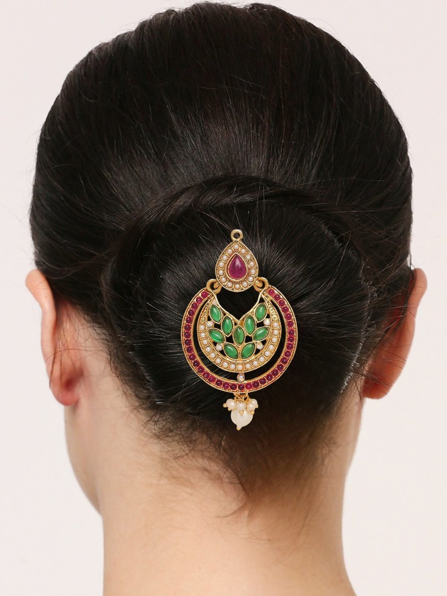 OOMPH Combo of 3 Gold Tone Kundan Hair Bun Pin Juda Pin Ethnic Chandbali Style