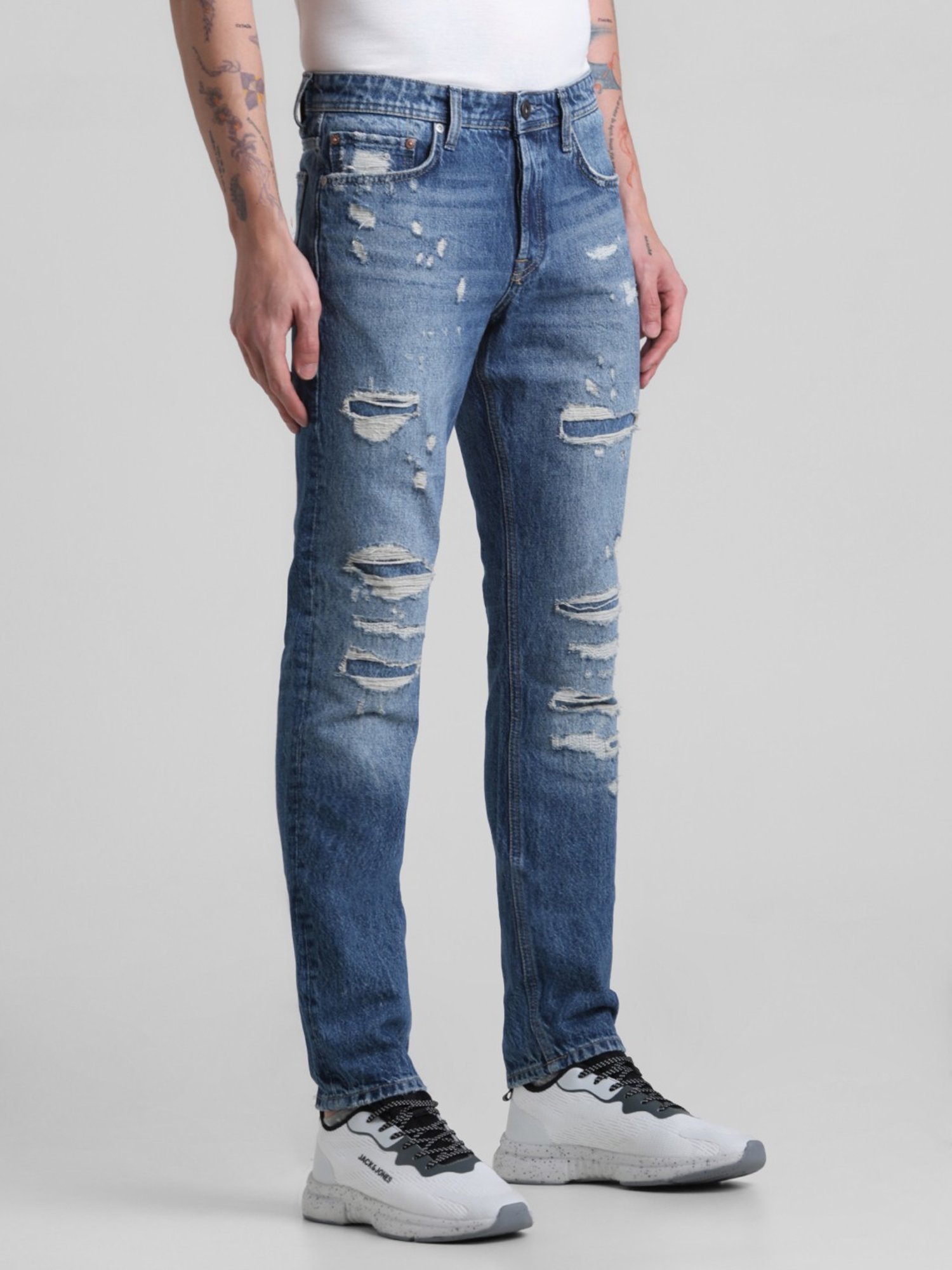Jack & Jones Dark Blue Denim Cotton Slim Fit Distressed Jeans