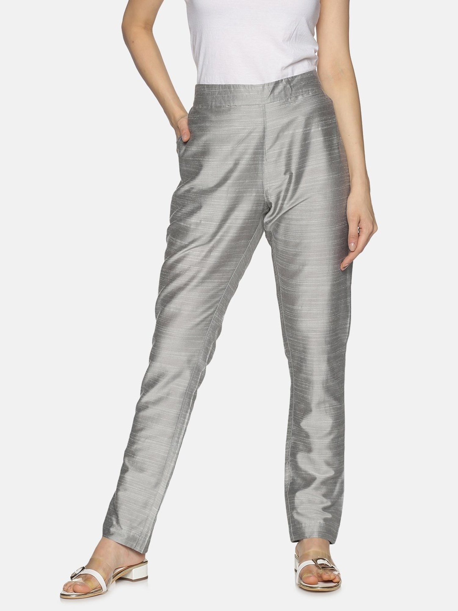 Silver Slub Regular Fit Solid Trouser With Side Pocket