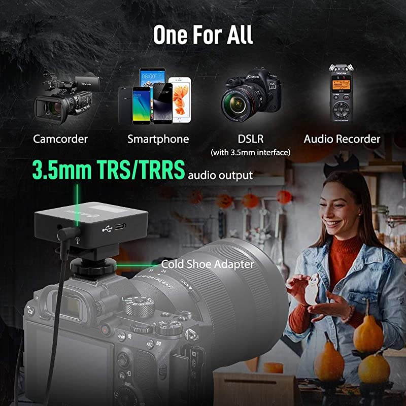 Connects C1 Professional-Wireless-Lavalier-Microphone-System 36 Channels UHF 1 Transmitter with 1 Receiver 70m/229.66ft OLED Screen for DSLR/Mirrorless Camera/Smartphone/Camcorder/Audio Recorder