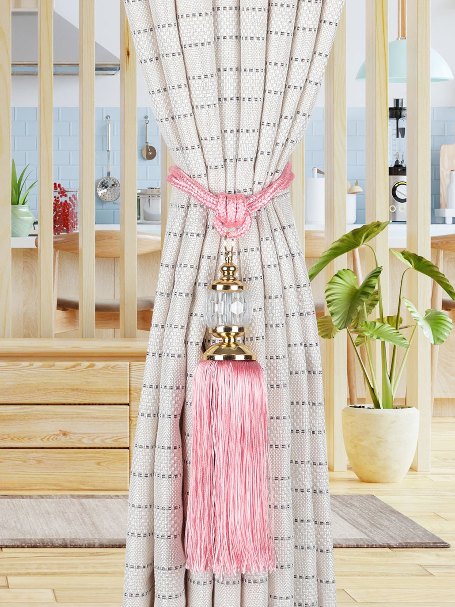 Romee Pink Polyester Printed Curtain Tie and Hold Backs