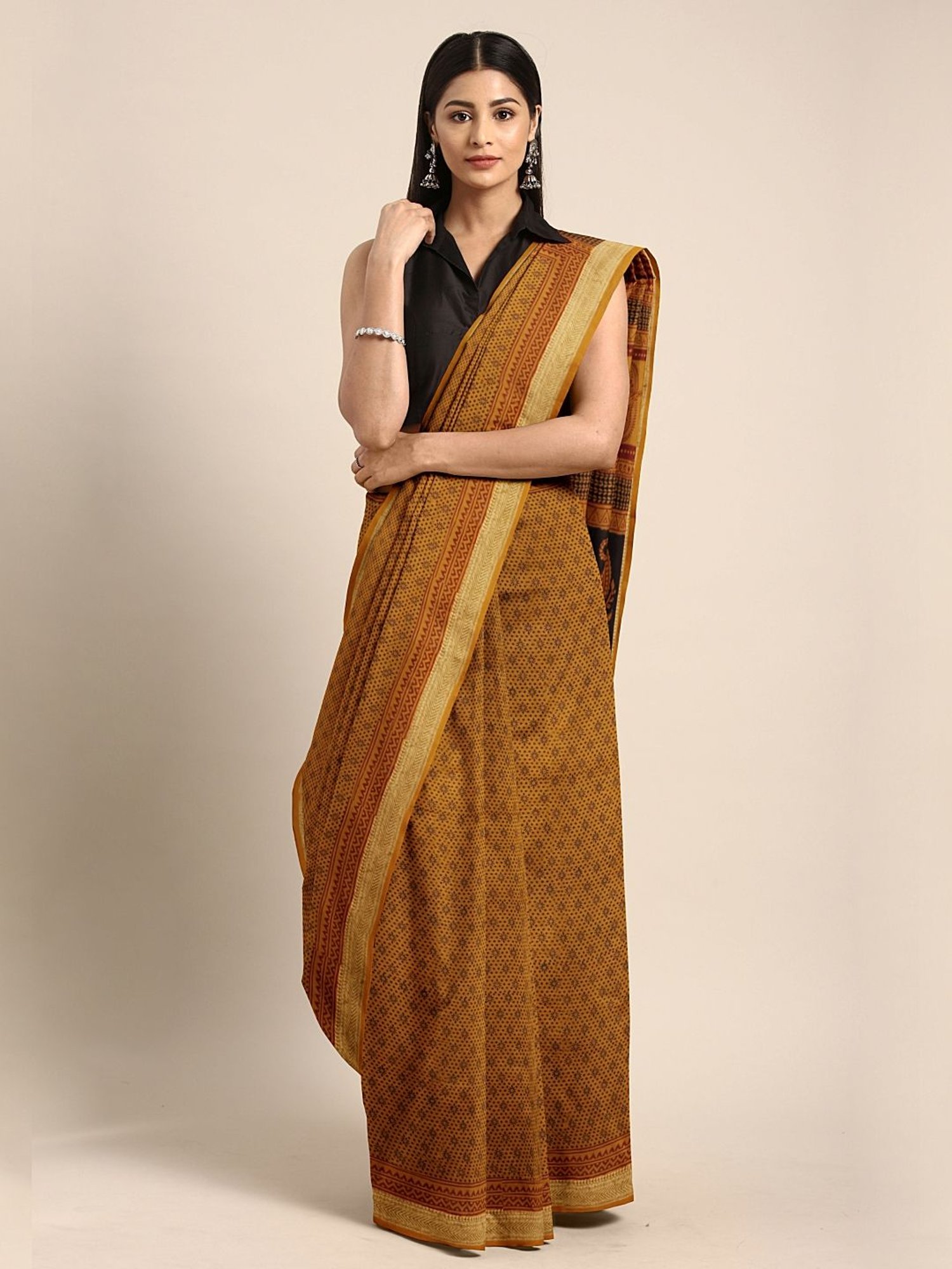 Kalakari India Yellow Cotton Printed Saree With Unstitched Blouse