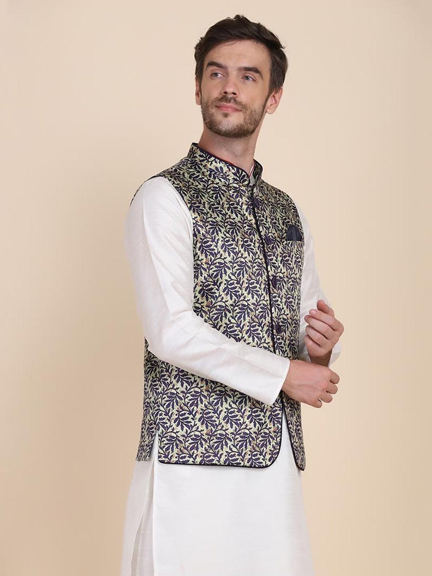 TAHVO Green & Blue Satin Slim Fit Printed Nehru Jacket
