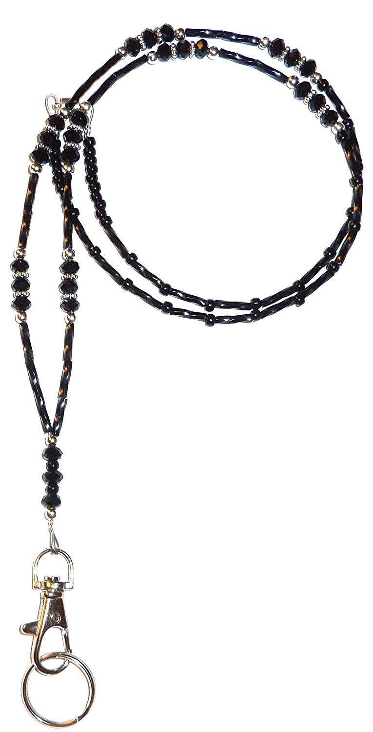 Crystal Style Fashion Women's Beaded Lanyard 34", Breakaway and Non breakaway available, For Keys, Badge holder (Black Crystal - Breakaway)