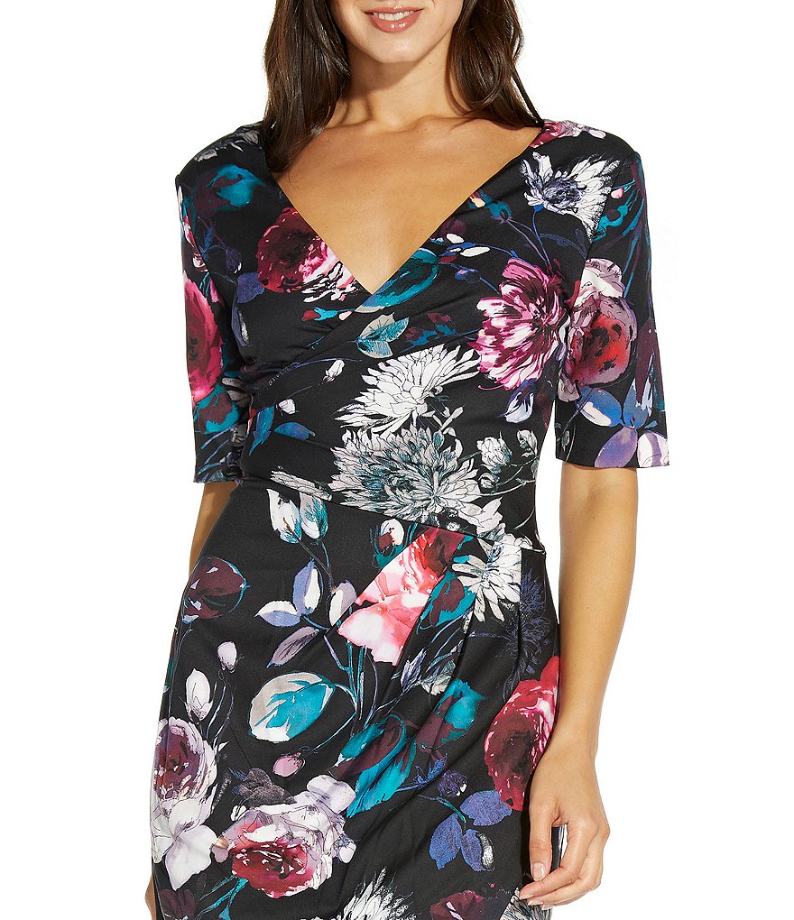 Adrianna Papell Floral Print V-Neck Elbow Short Sleeve Tulip Hem Sheath Dress