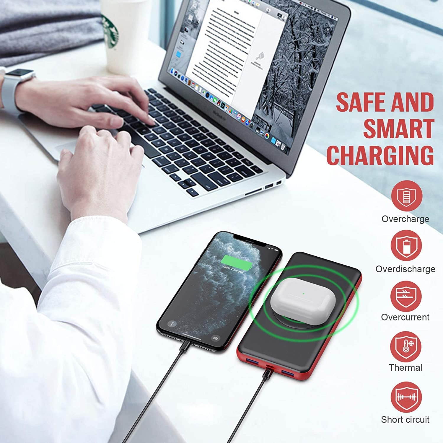 Wireless Portable Charger 26800mAh 10W Wireless Charging+PD(18W )3.0 Fast Charging power bank 2 Fast Charging Port + Simultaneous Charging 4 DevicesExternal Battery for CellphoneTableAirPods ect