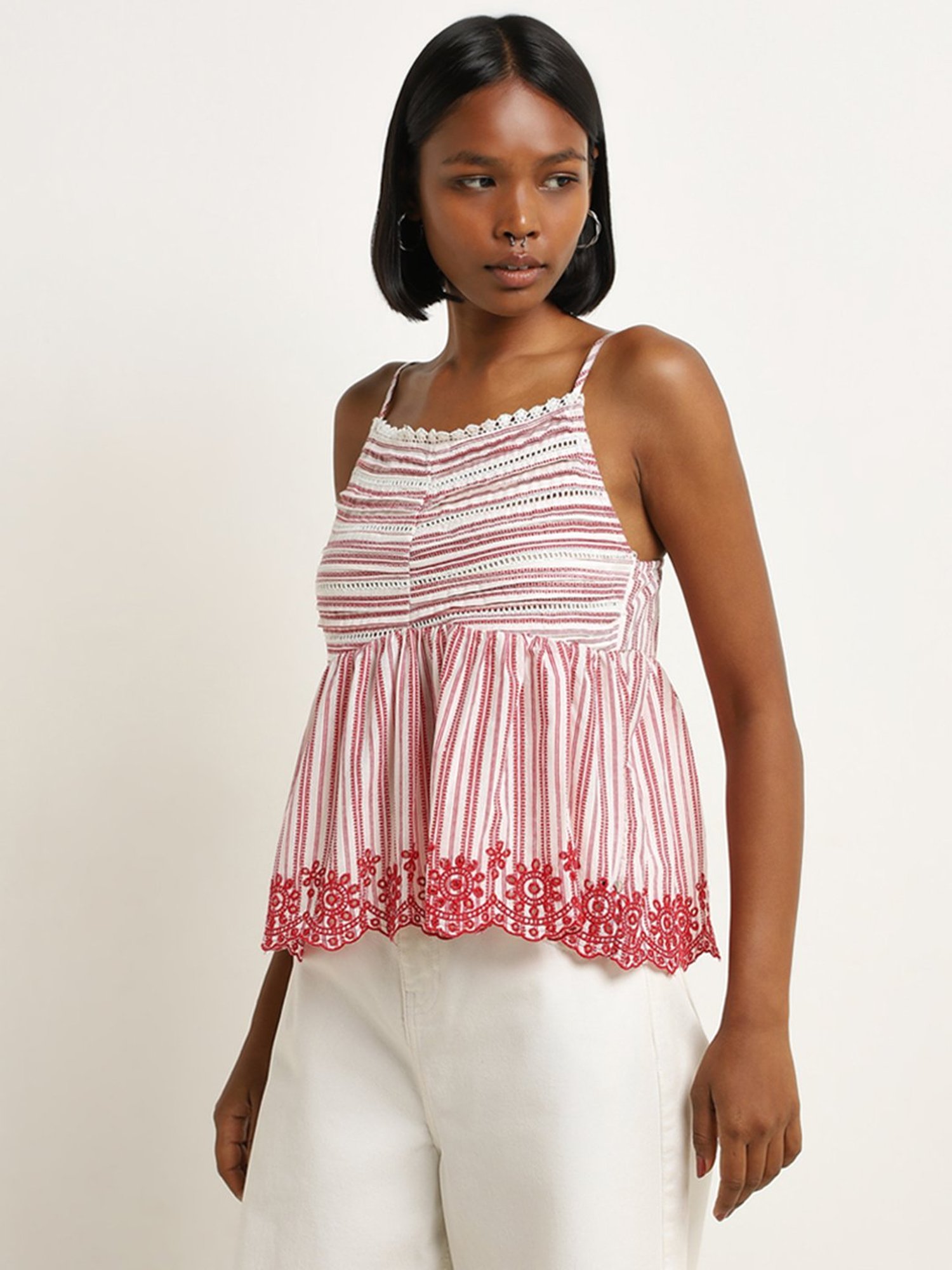 Bombay Paisley by Westside Red Stripe Printed Cotton Blend Top