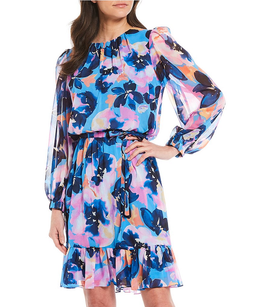 London Times Floric Clouds Printed Tie Long Sleeve Ruffle Dress