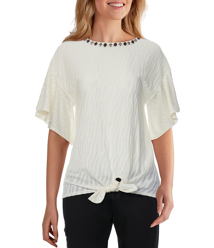 Ruby Rd. Embellished Ballet Neck Zebra Jacquard Knit Flutter Sleeve Tie-Front Top