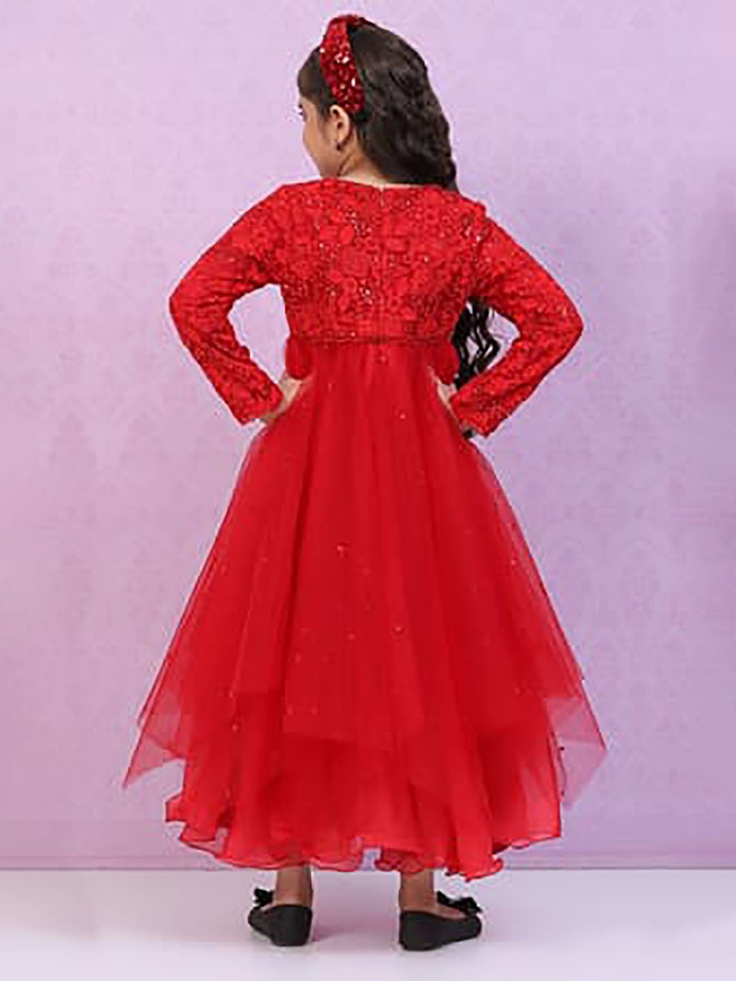 BIBA Girls Red Embroidered Full Sleeves Gown