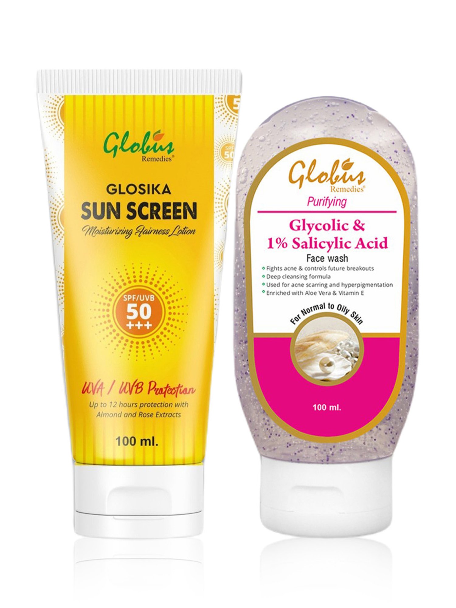 Globus Remedies Glosika Moisturizing Sunscreen SPF 50+++ Salicylic Acid Face Wash Combo