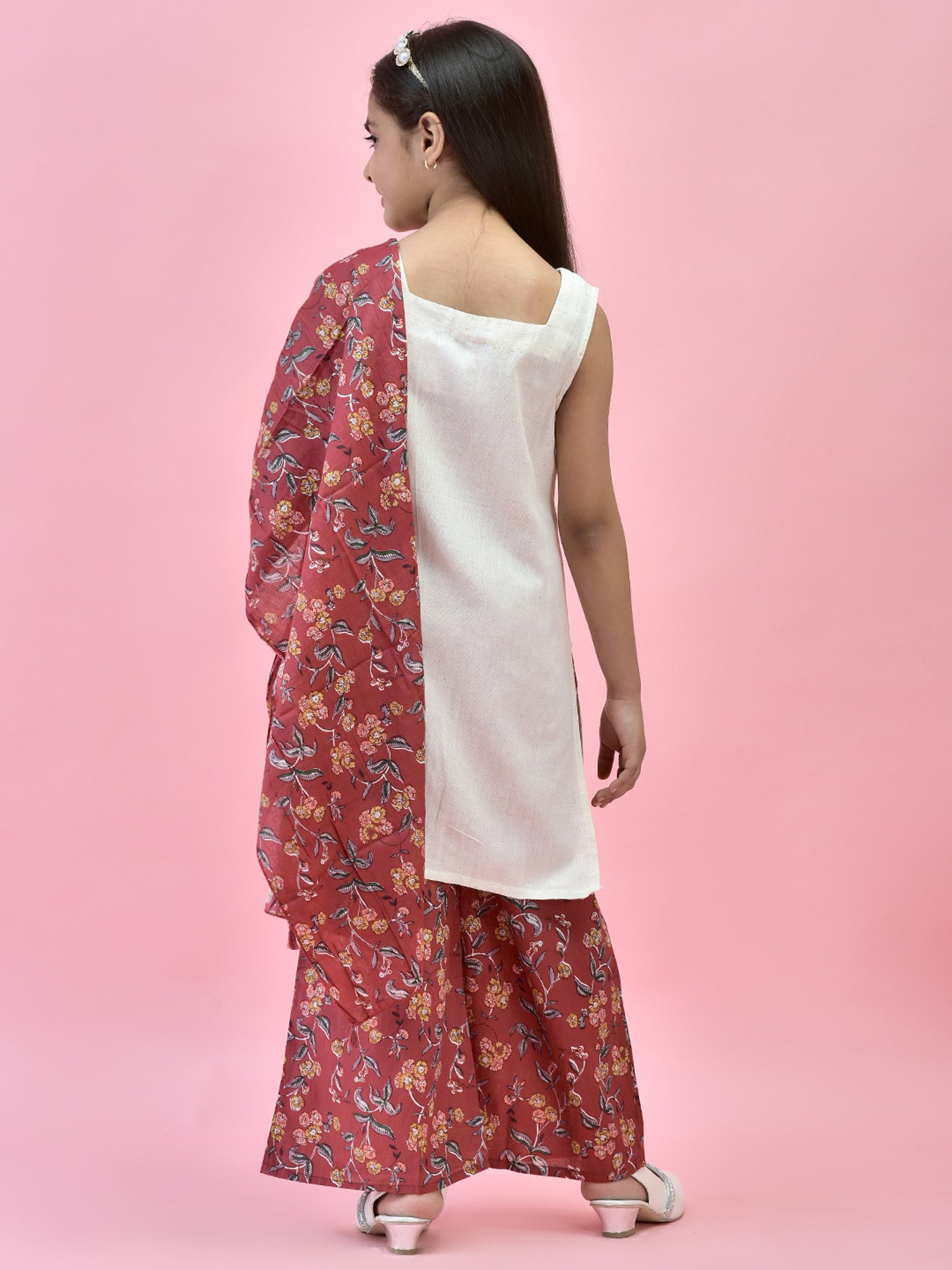 Juniper Girls White & Maroon Embroidered Kurta, Plazzos With Dupatta