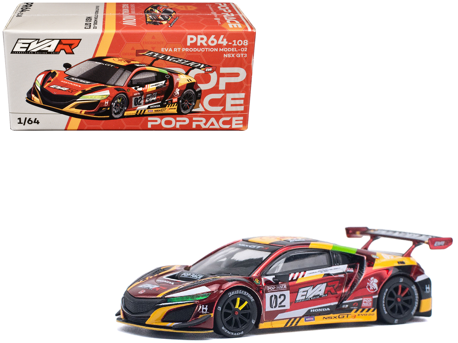Honda NSX GT3 EVO22 #02 Red Metallic "EVA RT Production Model-02" 1/64 Diecast Model Car by Pop Race