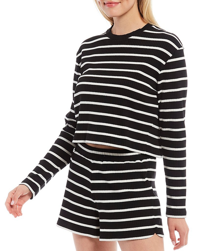 French Connection Tommy Stripe Rib Knit Coordinating Crew Neck Long Sleeve Cropped Tee