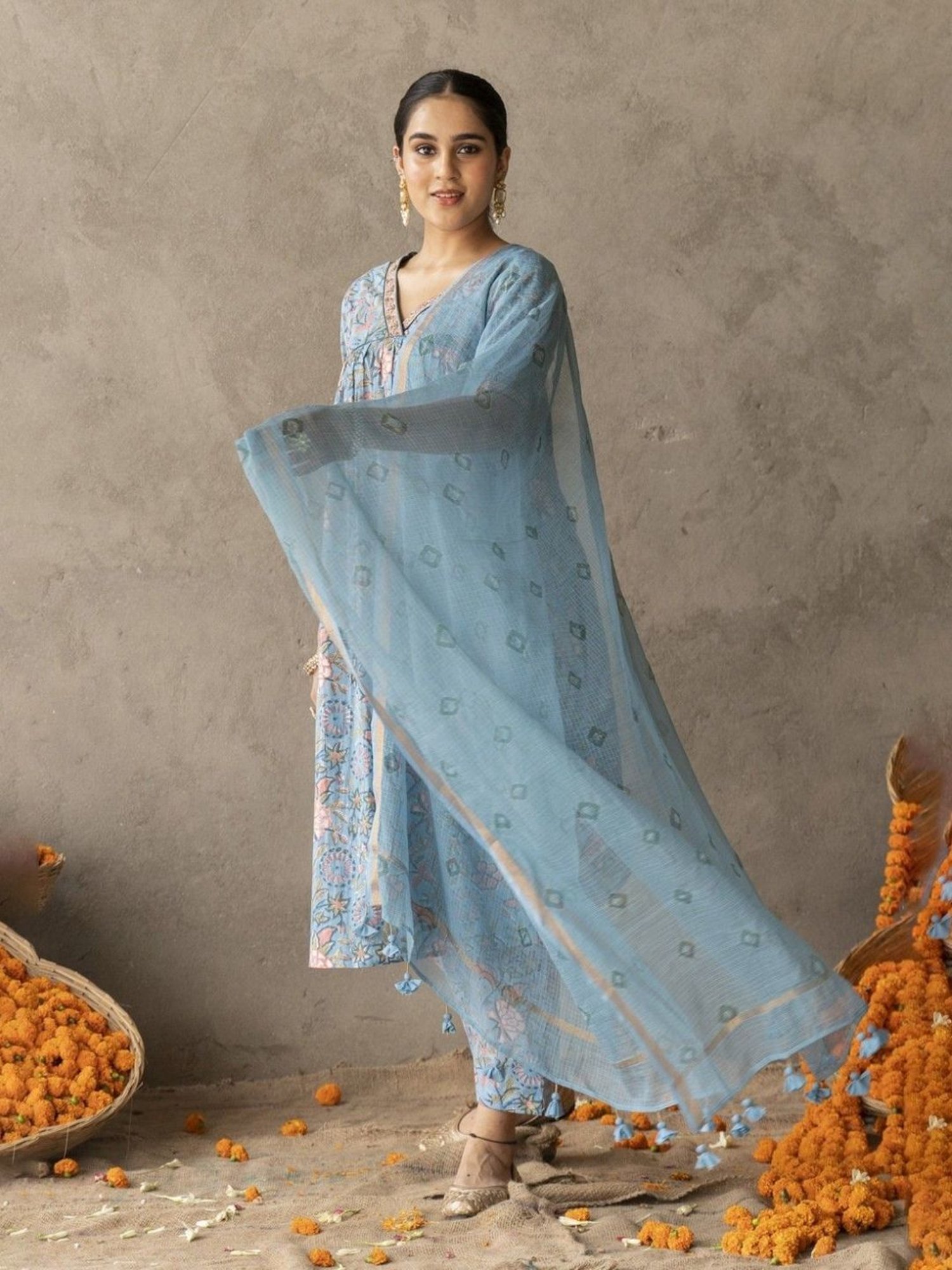 Akiso Reet Blue Block Printed A Line With Hand Embroidery Detailed Suit Set With Dupatta