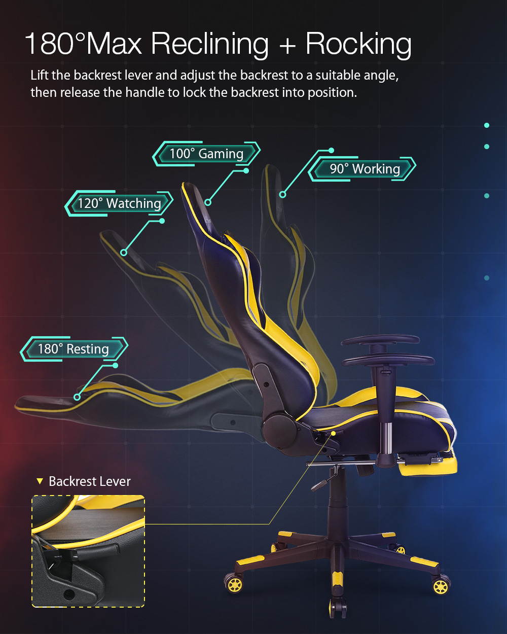 Gaming Chair Office Chair High Back Computer Chair Ergonomic Design 180&deg;Reclining Adjustable Armrest Footrest Widen Backrest Home Office - Yellow