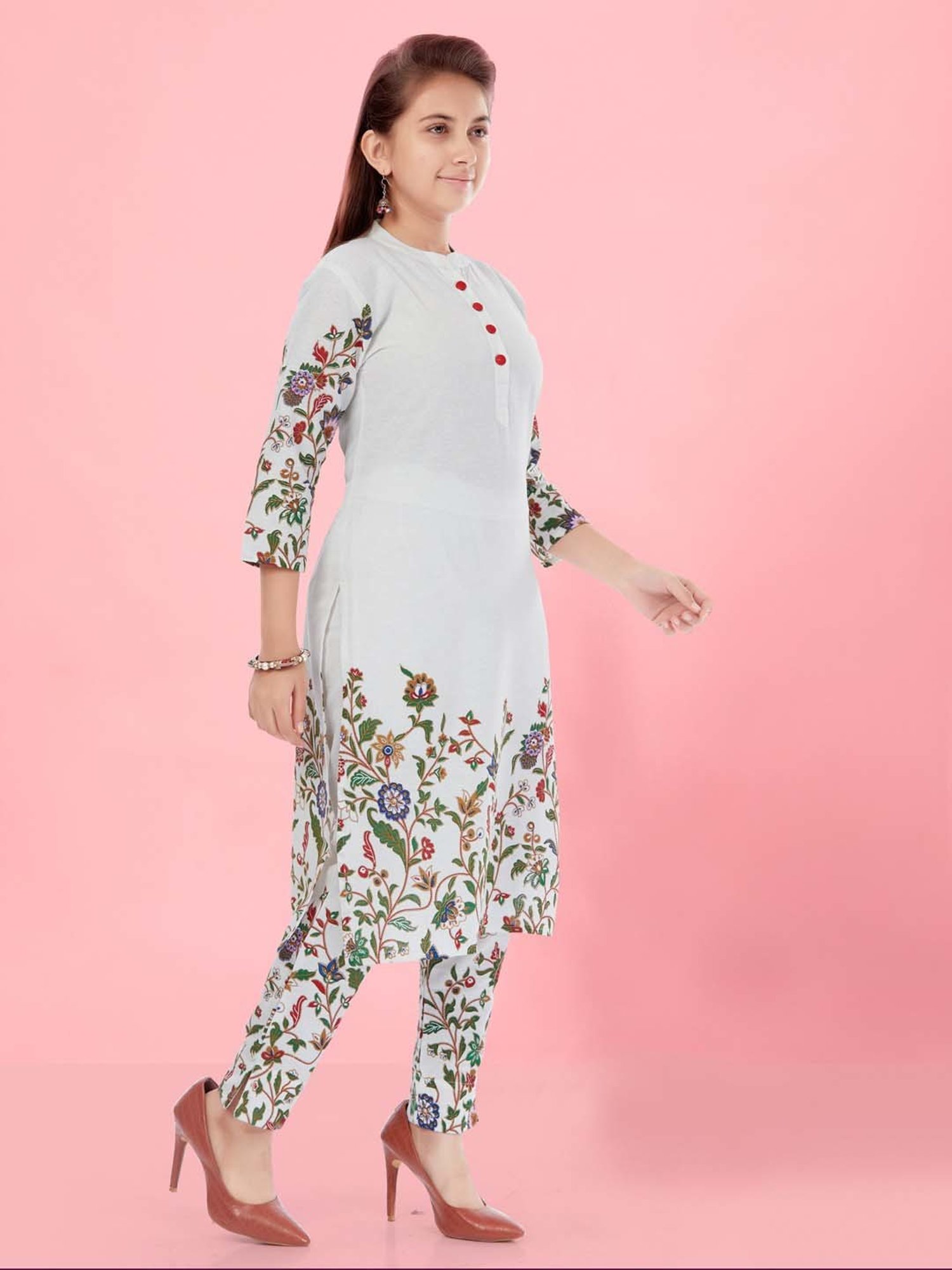 Aarika Kids White Cotton Floral Print Kurti