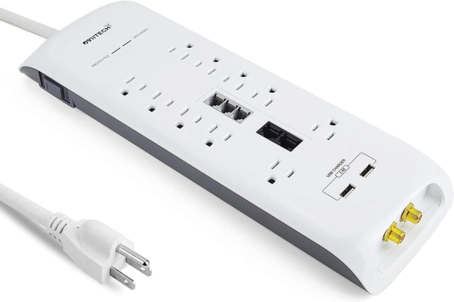 Oviitech 4200 Joules Surge Protector, 10 Outlet All-in-One Power Strip with 2 USB Charging Ports(2.4A Total),Phone/Ethernet/Coaxial Protection with 6 Foot Heavy Duty Extension Cord, White,ETL Listed.