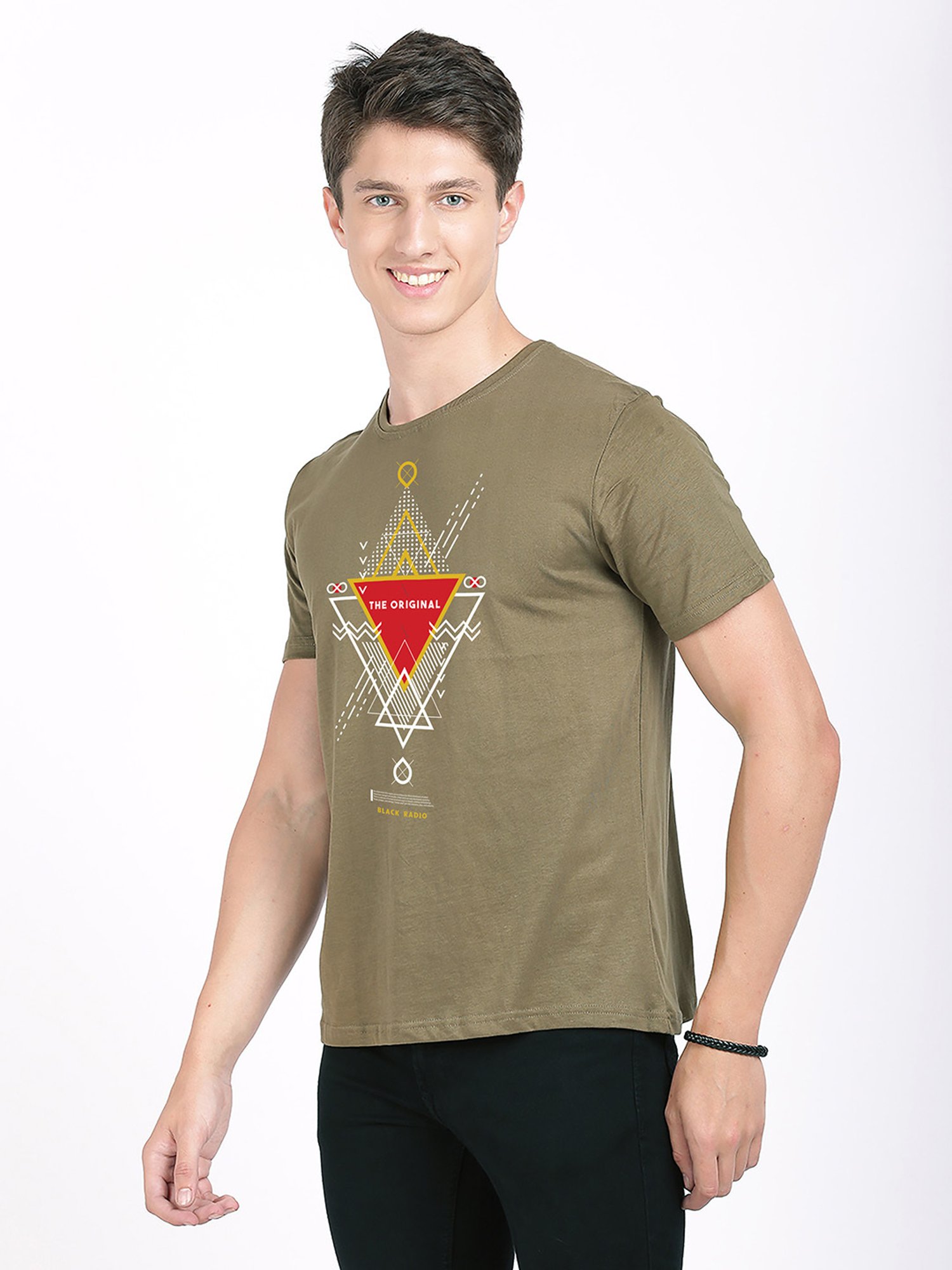 BLACK RADIO Olive Slim Fit Printed Cotton Crew T-Shirt