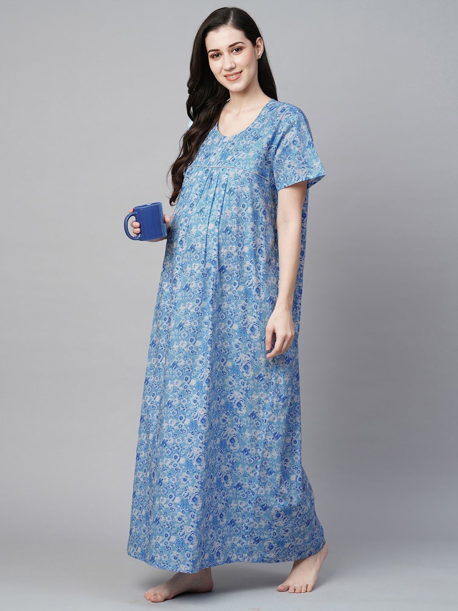 MomToBe Blue Cotton Printed Feeding Nighty