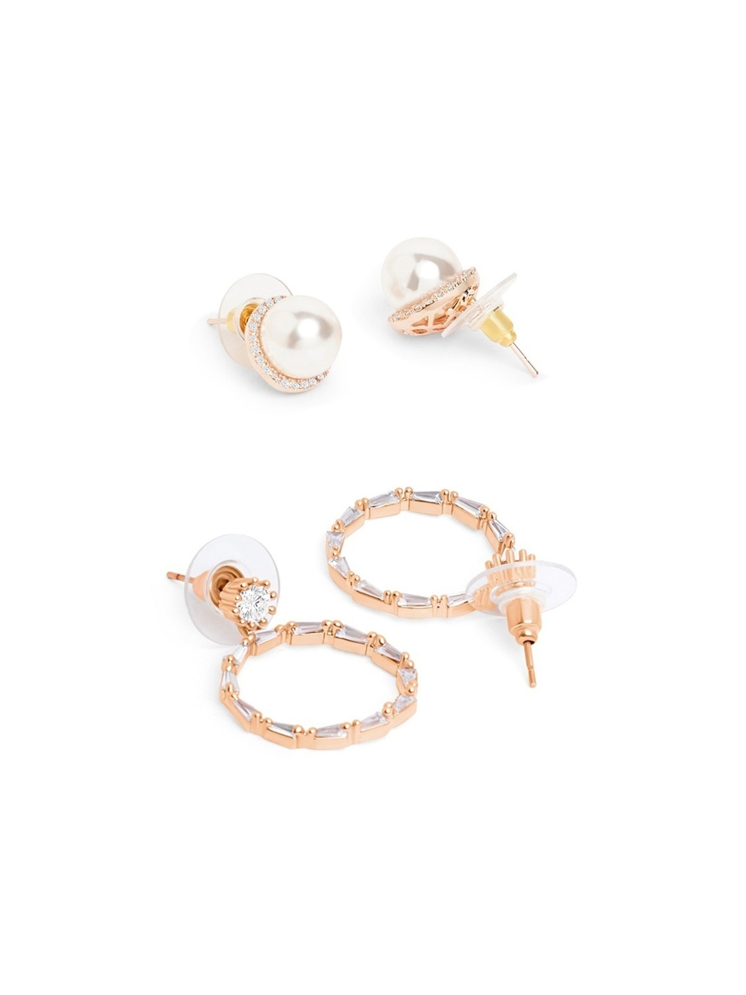 Zaveri Pearls Set of 2 Rose Gold Cubic Zirconia Contemporary Drop Earrings - ZPFK13449