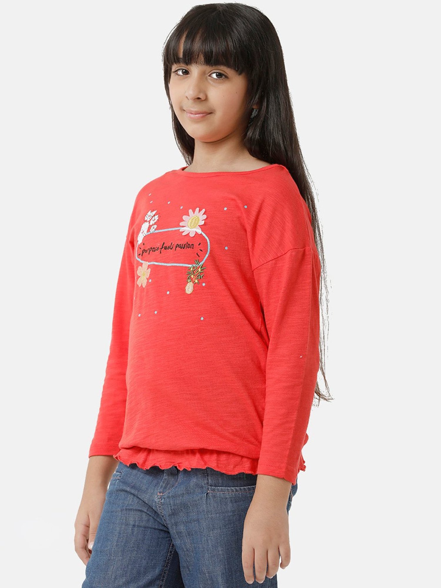 Under Fourteen Only Kids Red Embroidered Full Sleeves Top