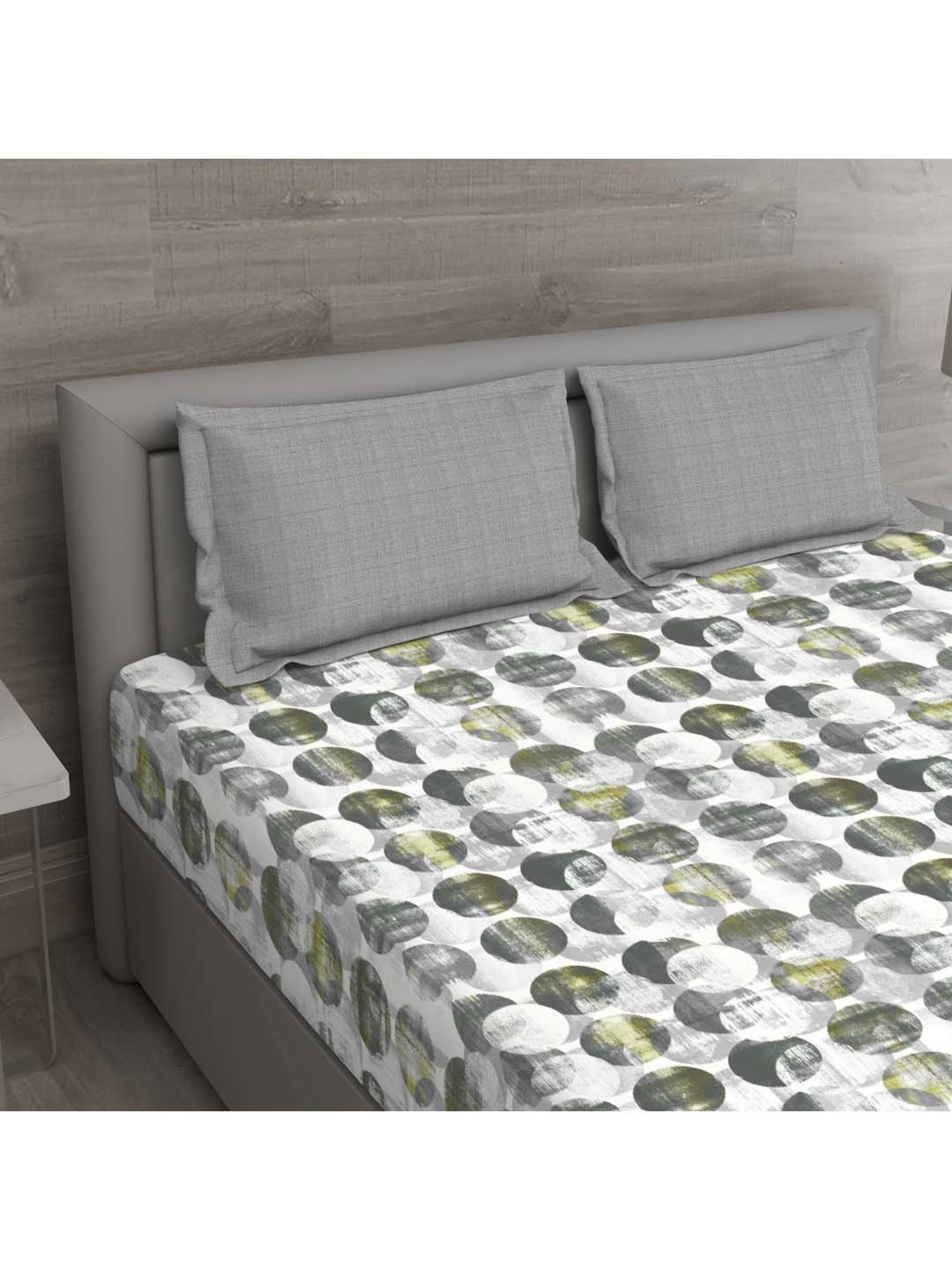GM 'Regal' Grey & Yellow Cotton 144 TC Double Bedsheet with 2 Pillow Covers
