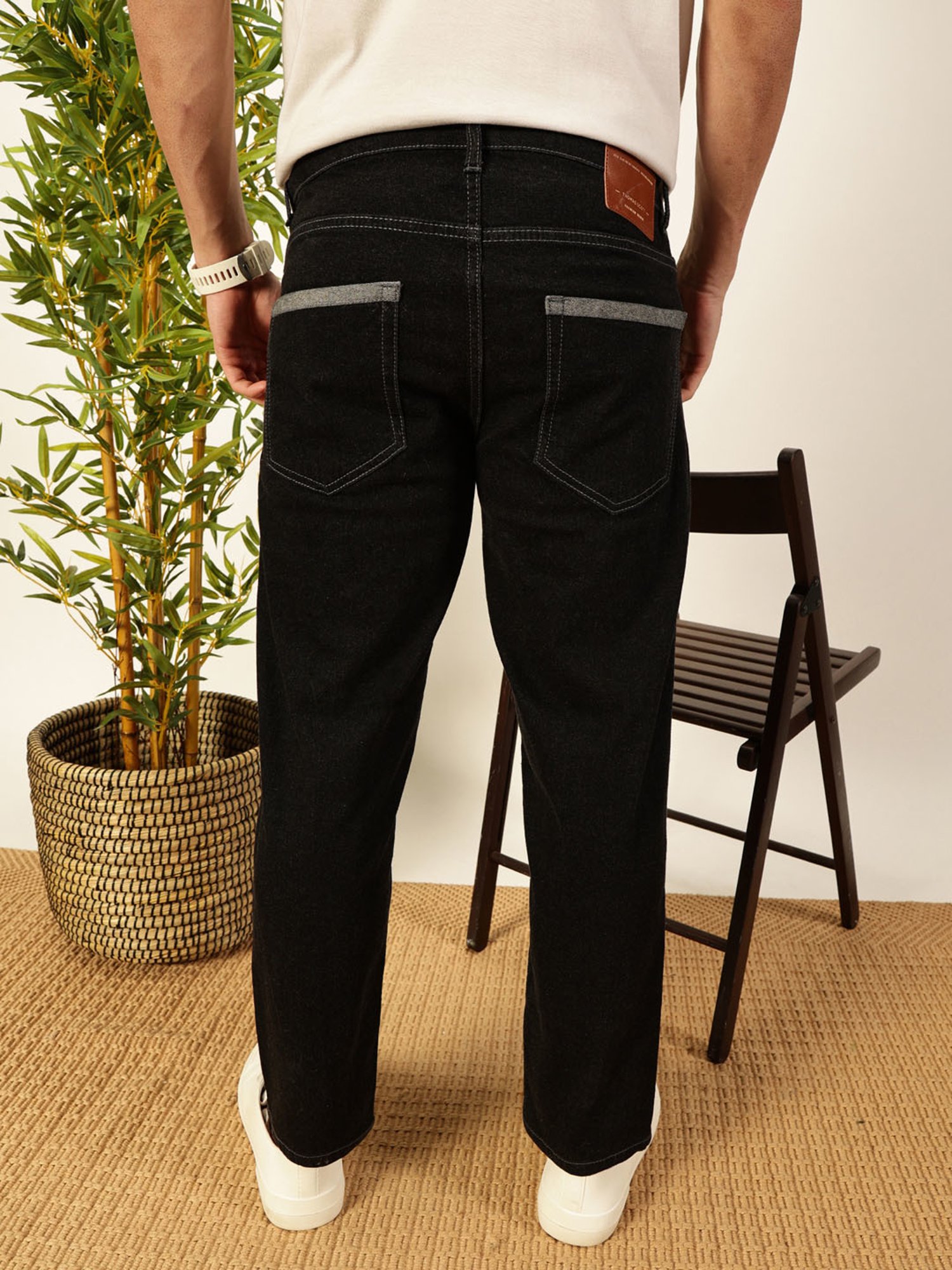 Thomas Scott Black Cotton Slim Tapered Solid Jeans