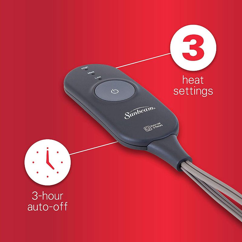 Sunbeam Heated Electric Fleece Throw Comforter Blanket with Controller, Auto Off Setting, Thermofine Wiring, and 3 Heat Settings, Red Plaid