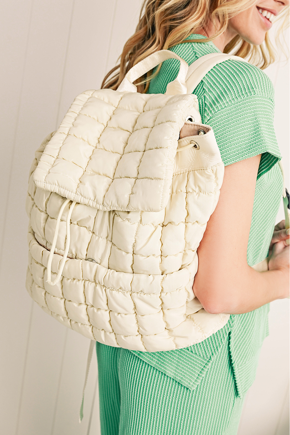 White Solid Flapped Quilted Puffer Backpack