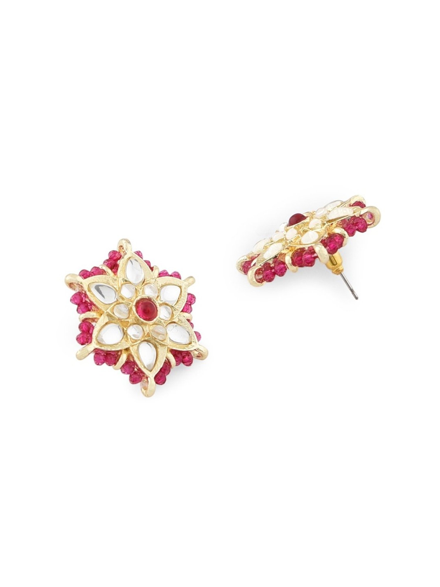 Zaveri Pearls Pink Crystal Beaded Ethnic Kundan Necklace, Earring & Ring Set