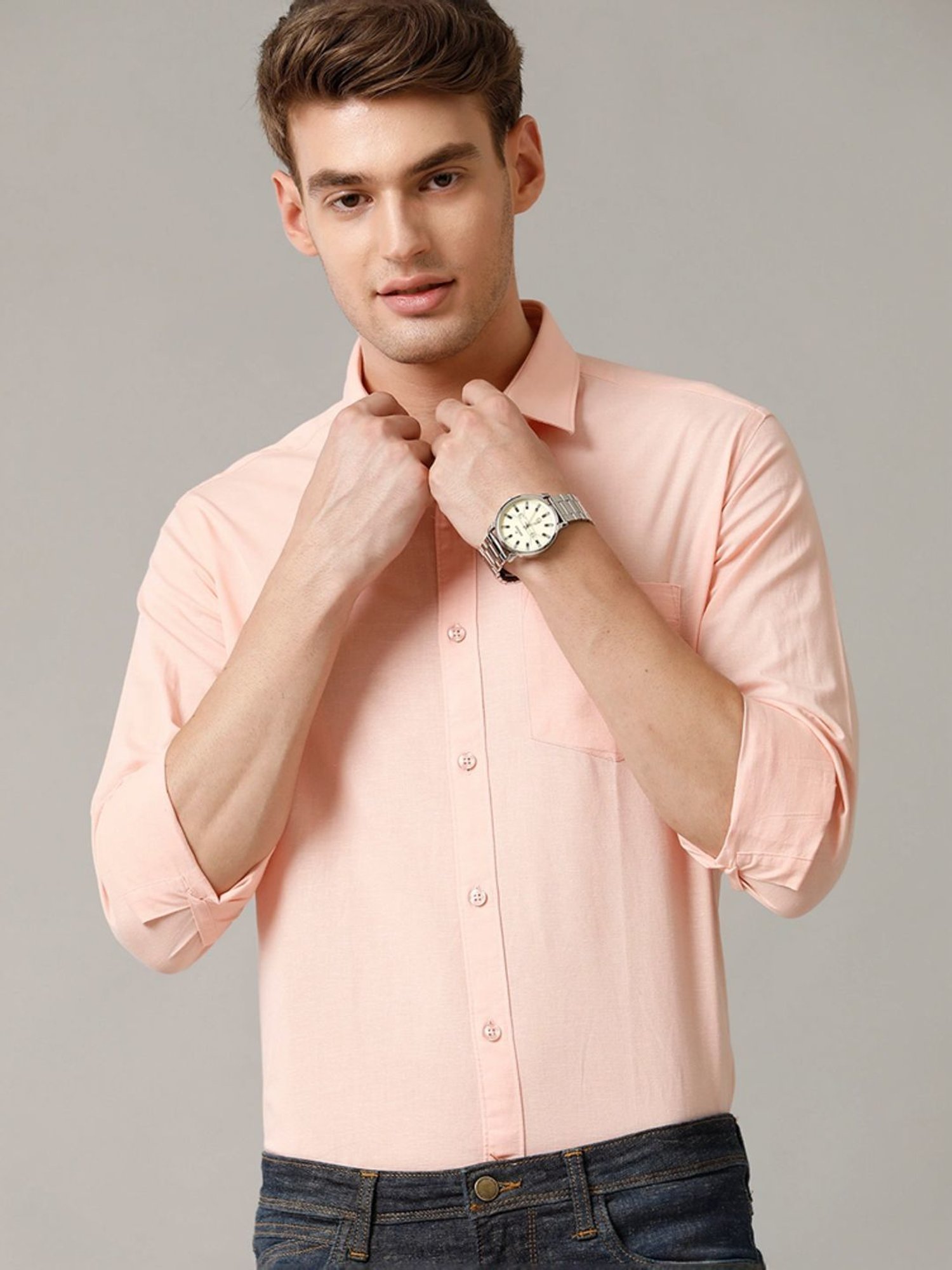 Cavallo By Linen Club Peach Linen Contemporary Fit Shirt