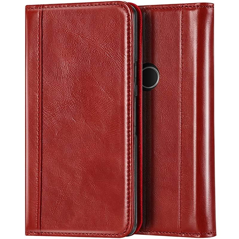 Genuine Leather Case for Pixel 3 XL, Vintage Wallet Folding Flip Case with Kickstand Card Holder Protective Cover for Google Pixel 3XL (2018 Release) -Red