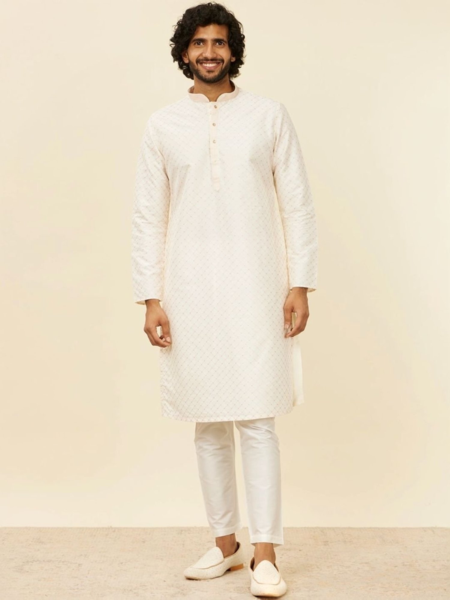 Manyavar Warm White Regular Fit Embroidered Kurta Bottom Set