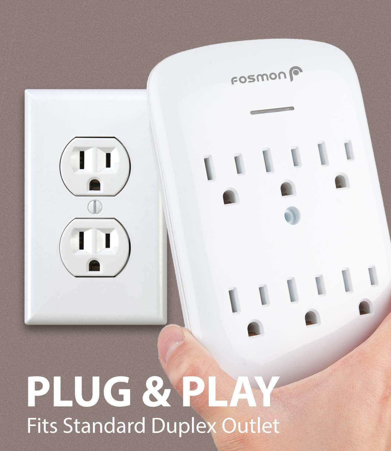 6 Outlet Wall Mount Surge Protector (2 Pack), Fosmon 3-Prong Surge Suppression 900 Joules, 15A 125VAC 60Hz 1875Watts Wall Outlet Adapter, Grounded LED, ETL Listed - White