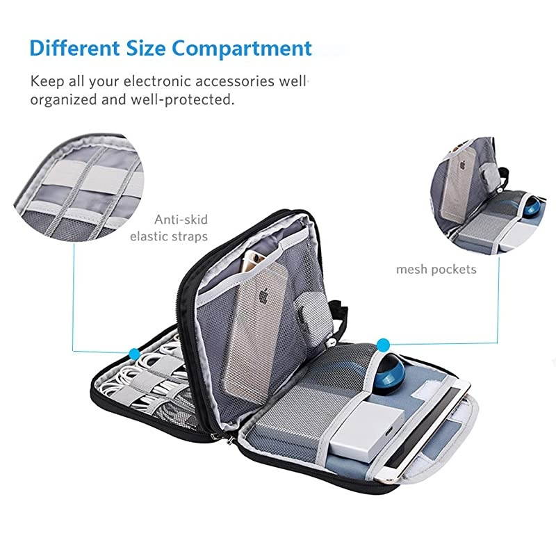 Electronics Organizer Travel Cable Organizer Waterproof Portable Electronics Accessories Case Gadget Bag for 79 IPad Mini Chargers Cord Phone USB SD CardBlack