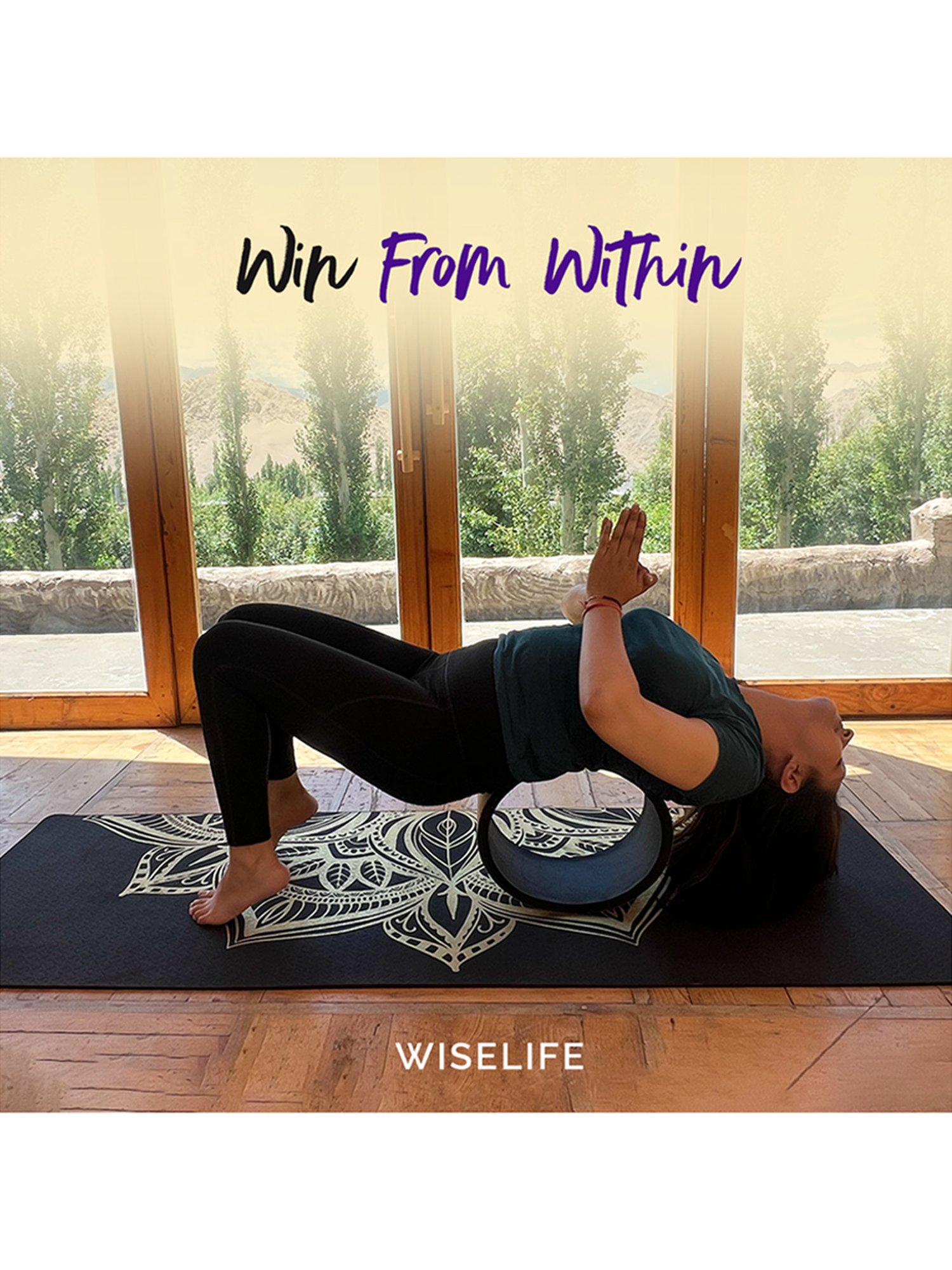WiseLife Printed Yoga Mat + Yoga Strap (Black)